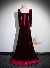 Burgundy Velvet Long Sleeve Pleats Prom Dress