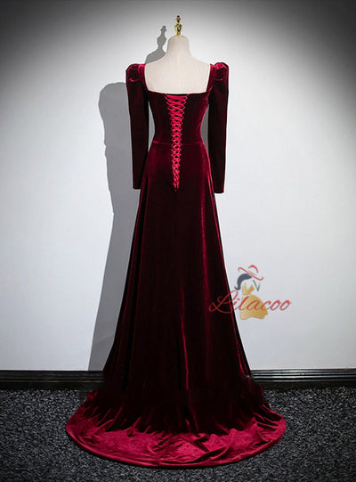 Burgundy Velvet Long Sleeve Pleats Prom Dress