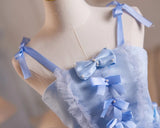 Blue Tulle Straps Bow Homecoming Dress