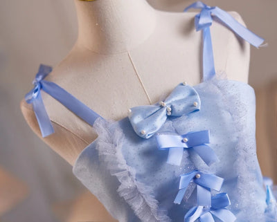Blue Tulle Straps Bow Homecoming Dress