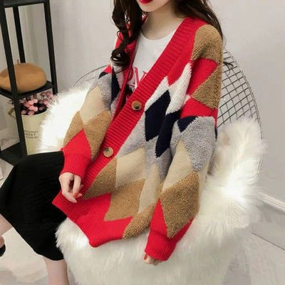 Plaid V-Neck Cardigans Single Breasted Puff Sleeve Loose
