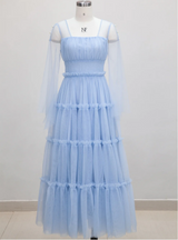 Retro Blue Square Collar Gauze Banquet Dress