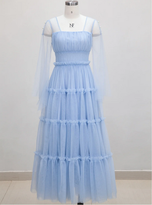 Retro Blue Square Collar Gauze Banquet Dress