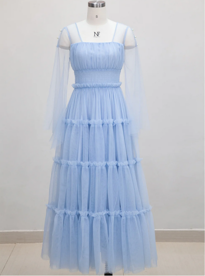 Retro Blue Square Collar Gauze Banquet Dress