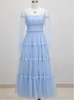 Retro Blue Square Collar Gauze Banquet Dress