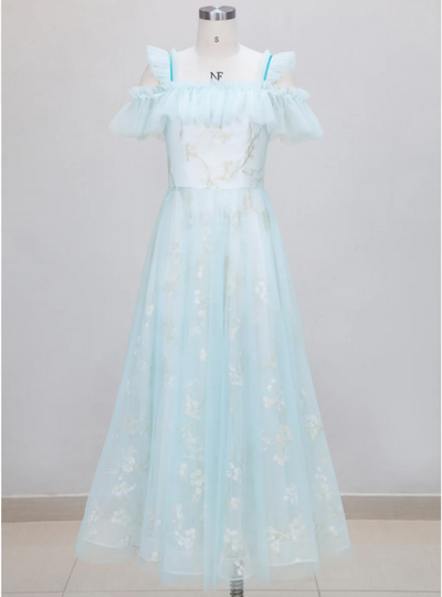 Embroidered Blue Backless Banquet Dress