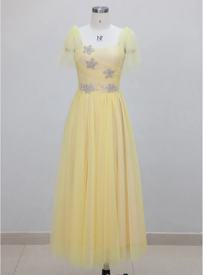 Yellow Mesh Long High Waist Slim Dress