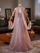 Pink Sequins Halter Beading Crystal Prom Dress