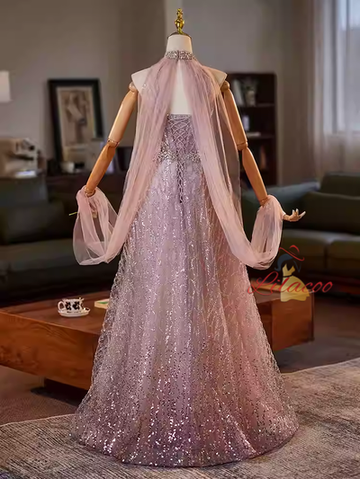 Pink Sequins Halter Beading Crystal Prom Dress