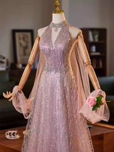 Pink Sequins Halter Beading Crystal Prom Dress
