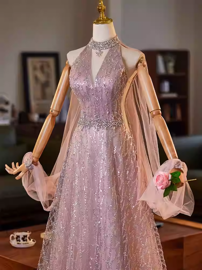 Pink Sequins Halter Beading Crystal Prom Dress