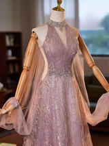 Pink Sequins Halter Beading Crystal Prom Dress