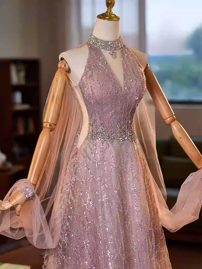 Pink Sequins Halter Beading Crystal Prom Dress
