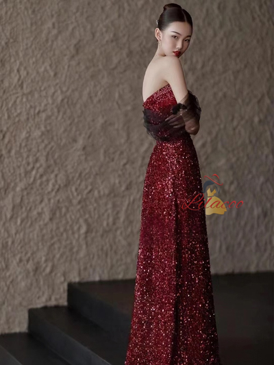 Burgundy Sequins Split Pleats Prom Dress