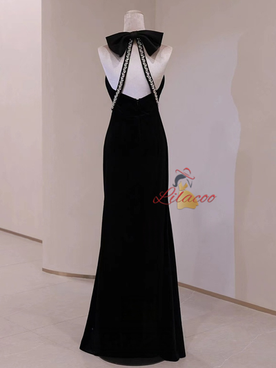 Black Mermaid Velvet Backless Prom Dress