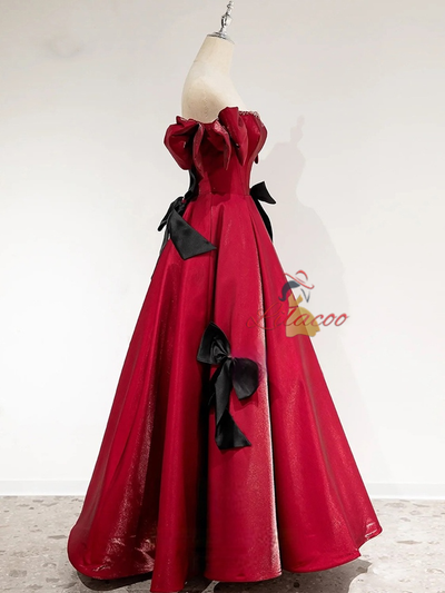 Burgundy Beading Bow Prom Dress