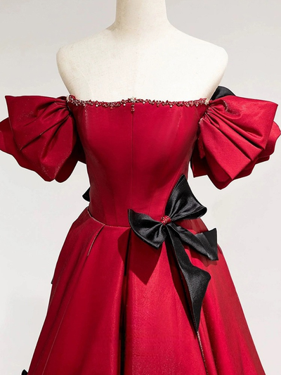 Burgundy Beading Bow Prom Dress