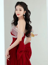 Burgundy Velvet Pleats Beading Prom Dress