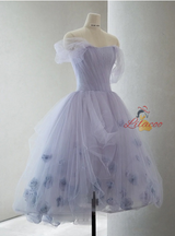 Purple Tulle Pleats Flower Short Prom Dress