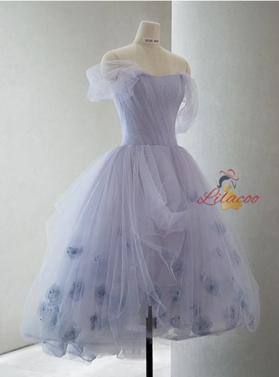 Purple Tulle Pleats Flower Short Prom Dress