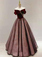 Burgundy Velvet Pleats Pearls Prom Dress