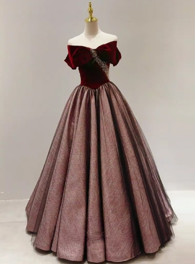 Burgundy Velvet Pleats Pearls Prom Dress