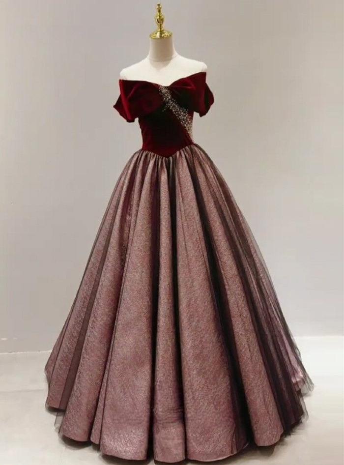 Burgundy Velvet Pleats Pearls Prom Dress