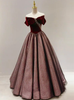 Burgundy Velvet Pleats Pearls Prom Dress
