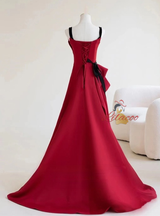Burgundy Satin Straps Pleats Prom Dress
