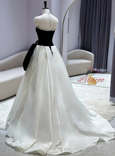 White Satin Black Velvet Bow Prom Dress