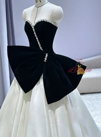 White Satin Black Velvet Bow Prom Dress