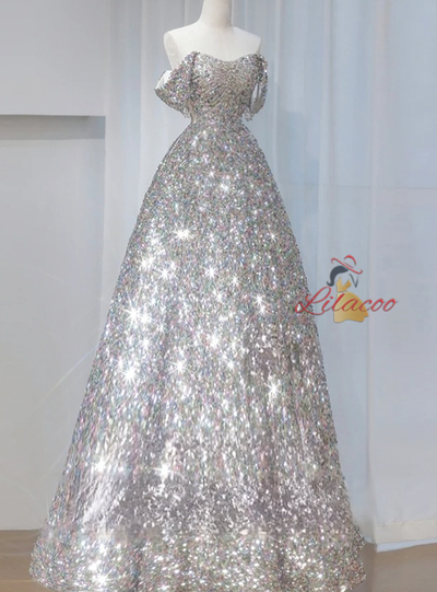 Silver Sequins Off the Shoulder Beading Prom Dress