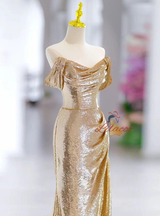 Gold Mermaid Sequins Pleats Prom Dress