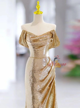 Gold Mermaid Sequins Pleats Prom Dress