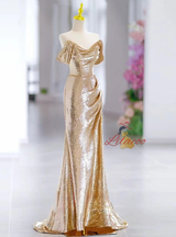 Gold Mermaid Sequins Pleats Prom Dress