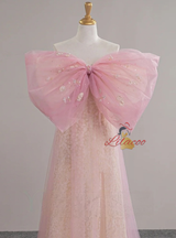 Pink Tulle Bow Beading Prom Dress