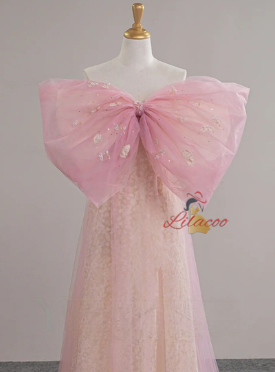 Pink Tulle Bow Beading Prom Dress