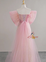Pink Tulle Bow Beading Prom Dress