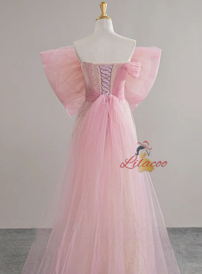 Pink Tulle Bow Beading Prom Dress