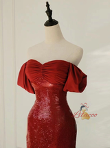 Burgundy Mermaid Sequins Pleats Prom Dress