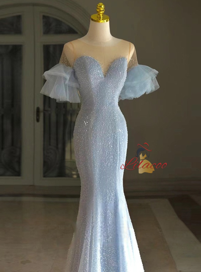 Blue Mermaid Sequins Tulle Short Sleeve Prom Dress