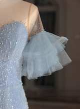 Blue Mermaid Sequins Tulle Short Sleeve Prom Dress