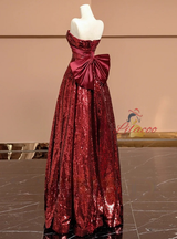 Burgundy Sequins Strapless Bow Prom Dress