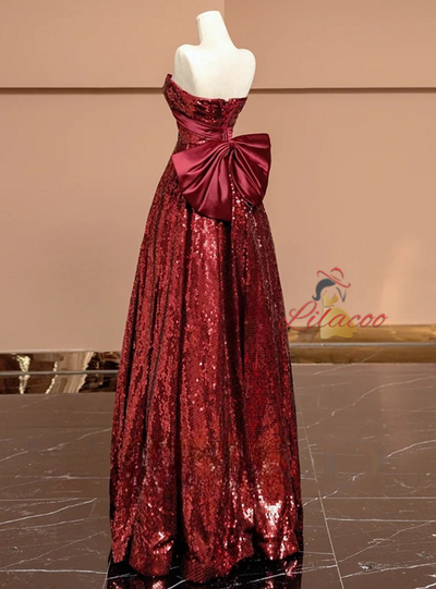Burgundy Sequins Strapless Bow Prom Dress