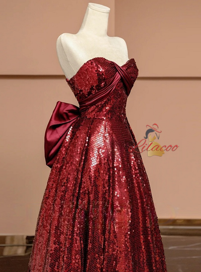 Burgundy Sequins Strapless Bow Prom Dress