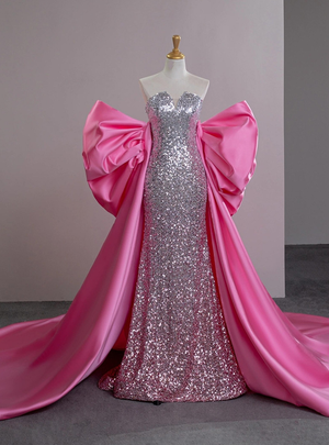 Mermaid Sequins Pink Satin Bow Prom Dress