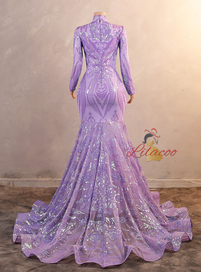 Purple Sequins Long Sleeve Prom Dress