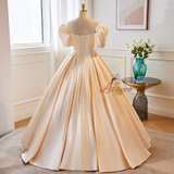 Champagne Satin Puff Sleeve Wedding Dress