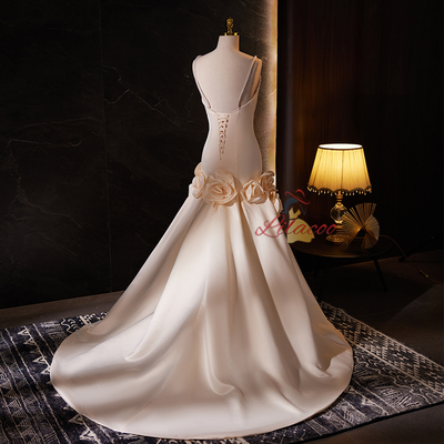 Champagne Mermaid Satin Pearls Wedding Dress