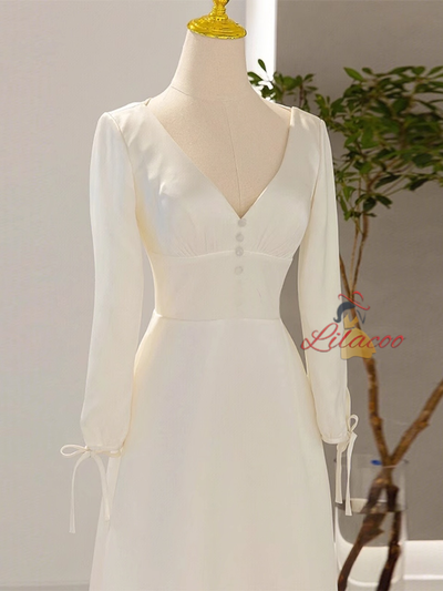 White Satin V-neck Long Sleeve Wedding Dress